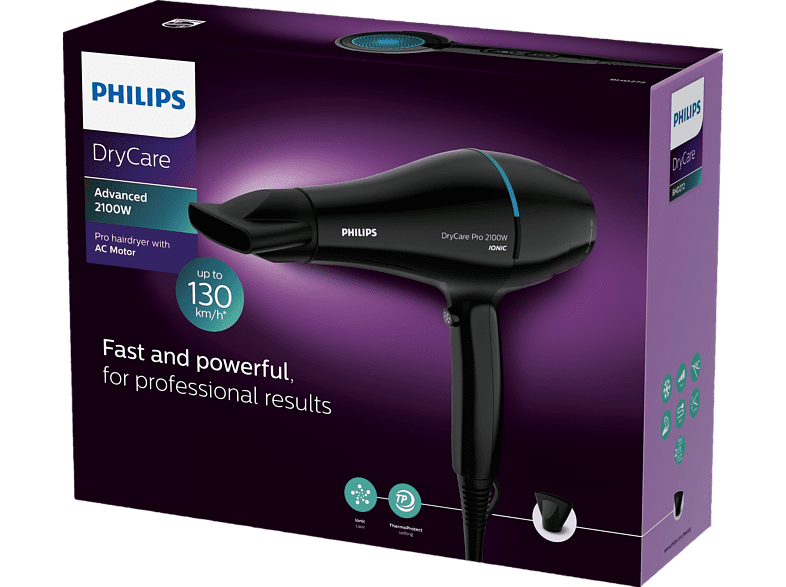 Secador - Philips DryCare Pro BHD272/00, 2100 W, Motor de AC, ThermoProtect, Cuidado iónico, Negro