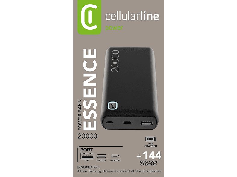 Powerbank - Cellular Line PBESSENCE20000K, 20000 mAh, Universal, 12 W, USB-A / USB-C / MicroUSB, Negro