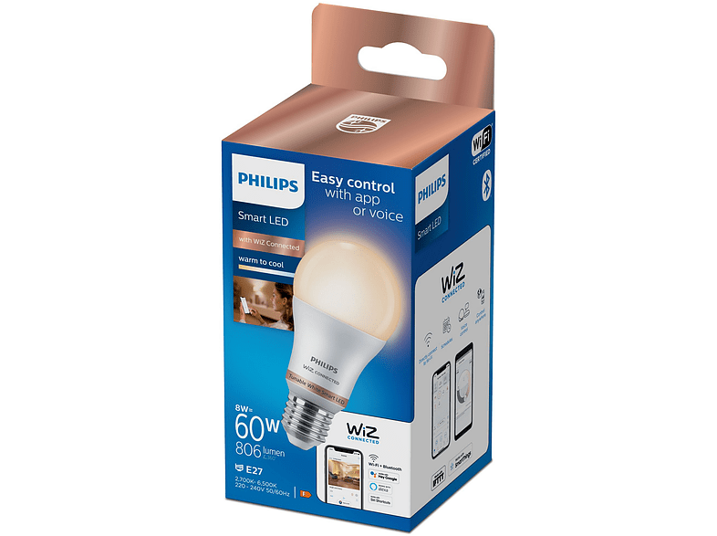 Bombilla inteligente - Philips A60 E27, Luz Blanca Fría/ Cálida, WiFi, Bluetooth, Smart Led, Blanco