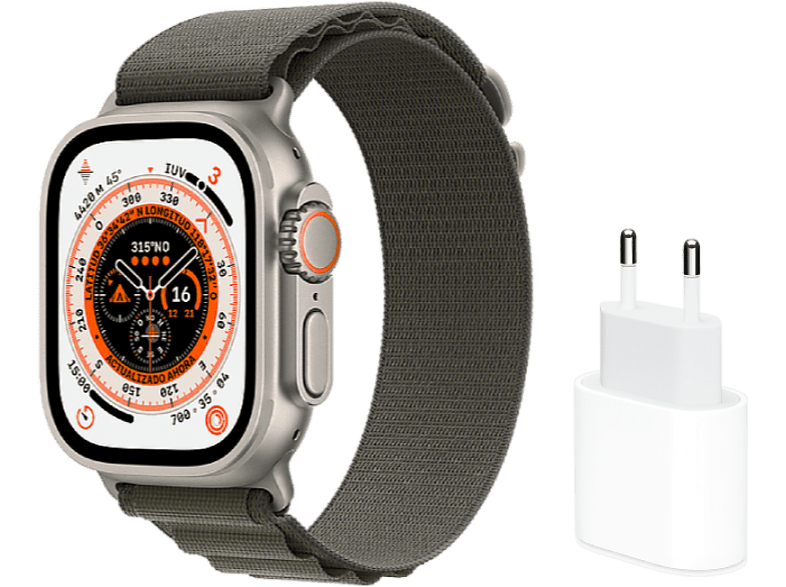 APPLE Watch Ultra (2022), GPS + Cellular, 49 mm, Caja de titanio, Cristal de zafiro, Verde + Adaptador de corriente, USB-C de 20 W