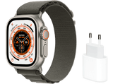 APPLE Watch Ultra (2022), GPS + Cellular, 49 mm, Caja de titanio, Cristal de zafiro, Verde + Adaptador de corriente, USB-C de 20 W