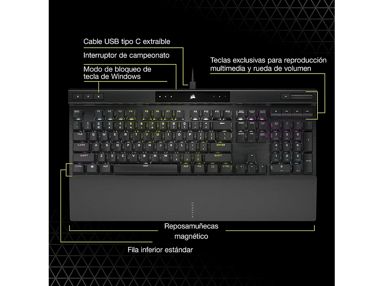 Teclado gaming - Corsair K70, USB, Retroiluminación RGB, Negro