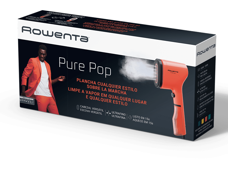 Cepillo de vapor - Rowenta Pure Pop DR2022D1, 1300 W, Salida vapor 20 g/min, 70 ml, Calentamiento 15 s., Elimina pelusas, arrugas y purifica, Coral