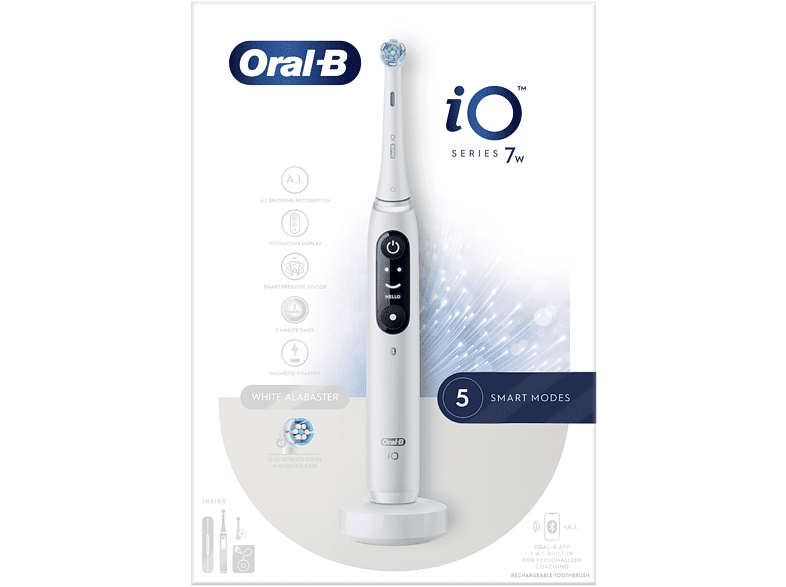 Cepillo eléctrico - Oral-B iO 7W, Con 2 Cabezales, 1 Estuche De Viaje Y 1 Funda Para Cargador, Diseñado por Braun, Blanco