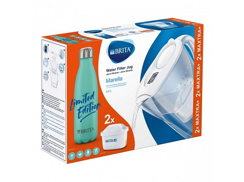 Jarra filtrante - Brita Marella, 2 filtros MAXTRA+, Termo 500ml, 2.4 L, Blanco