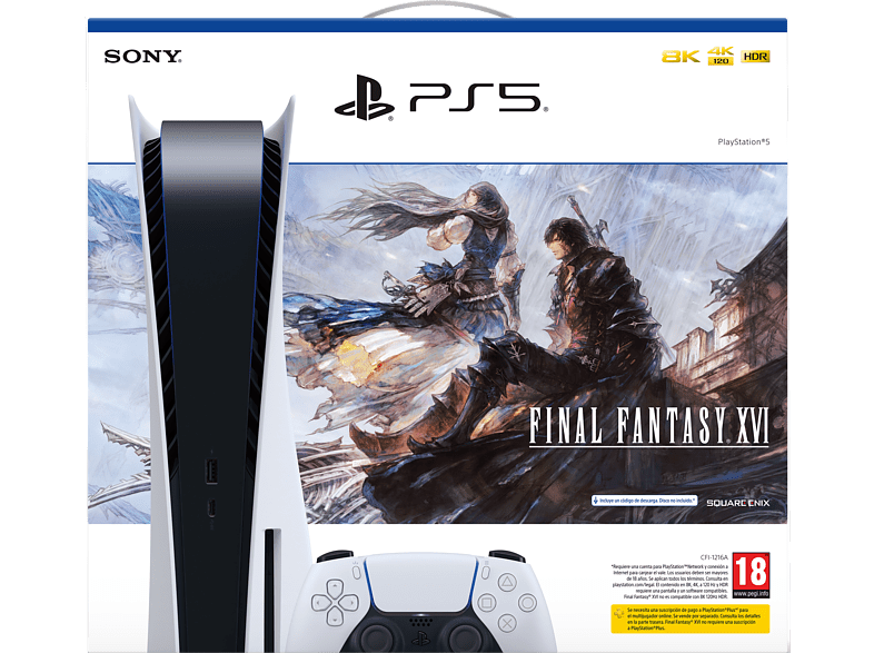 Consola - Sony PS5 Stand, 825 GB, 4K UHD Blu ray, Blanco + Juego Final Fantasy XVI (código descarga) + Contenido digital descargable*