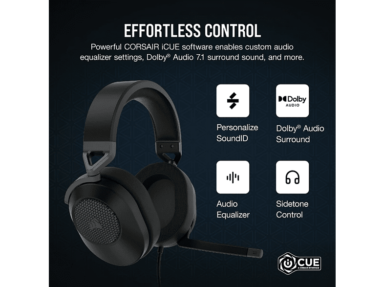 Auriculares gaming - Corsair HS65 Surround, No Bluetooth, Cable 1.8 m, Carbón