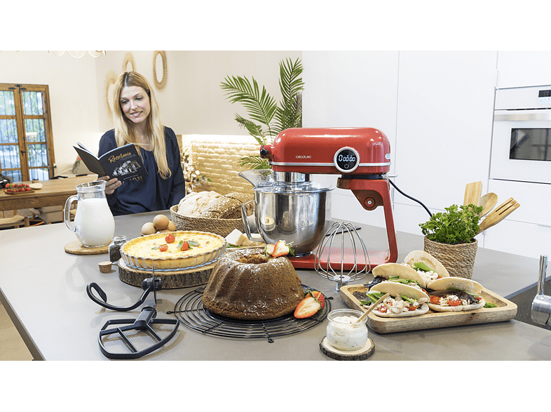 Robot amasador - Cecotec Twist&Fusion 4500 Luxury Red, 800 W, 5.2 L, 8 Velocidades, Pantalla LED, Temporizador, Incluye Recetario, Rojo