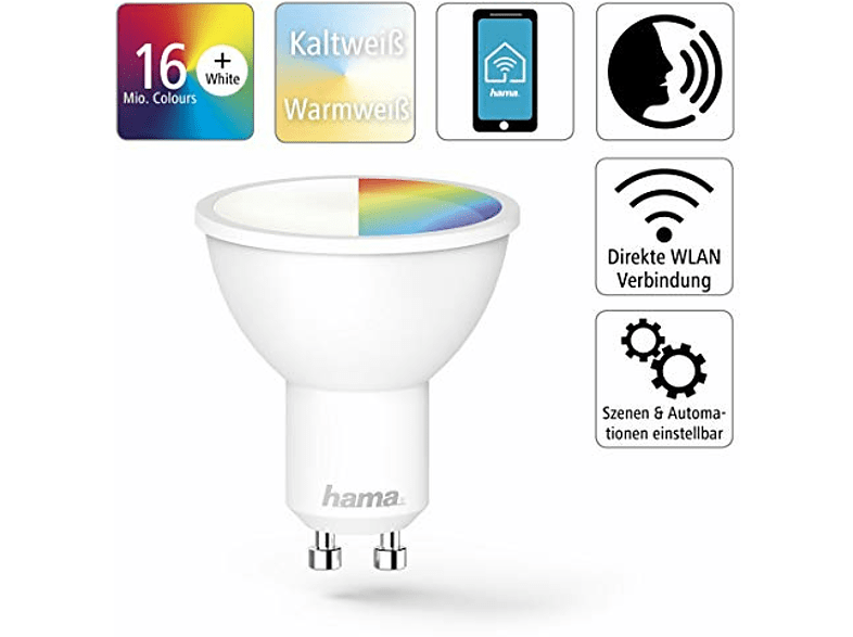 Bombilla inteligente - HAMA WLAN LED, GU10, 5,5 W RGBW, Reflector, LED, Multicolor
