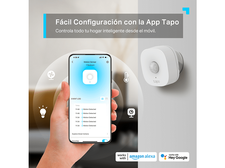 Sensor de movimiento - TP-Link Tapo T100, Wifi, 7 metros, Techo / Pared, Blanco