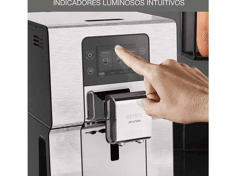 Cafetera superautomática - Krups Intuition Experience + EA877D10, 1550 W, 15 bar, 3 L, 8 perfiles, 3 temp., 2 tazas,  Pantalla táctil, OLED, Metal