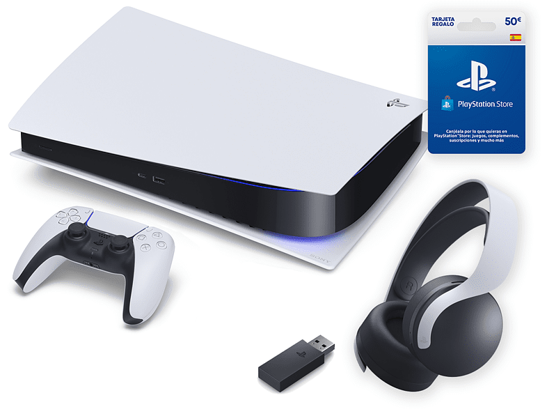 Consola - Sony PS5 Digital C, 825GB, 4K, Blanco + Auriculares gaming Pulse 3D + Tarjeta 50€ PS Store