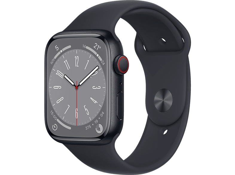 Apple Watch S8 (2022), GPS+CELL, 45 mm,  Caja de aluminio, Vidrio delantero Ion-X, Correa deportiva medianoche