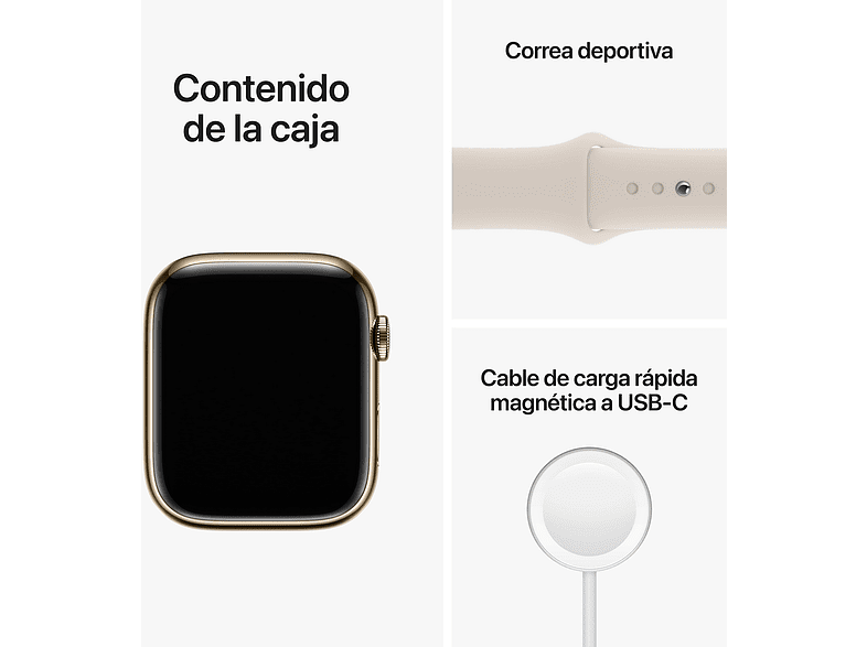 Apple Watch S8 (2022), GPS+CELL, 45 mm,  Caja de acero inoxidable, Vidrio delantero Ion-X, Correa deportiva oro