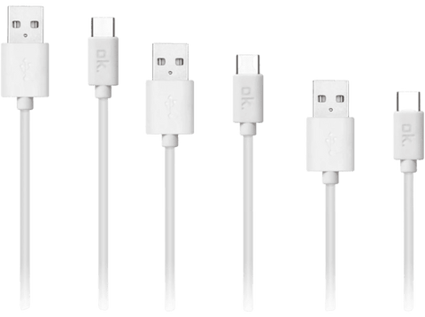 Cable USB - OK OZB-543, De USB a USB Tipo-C, Pack de 3, Tamaños diferentes, Blanco