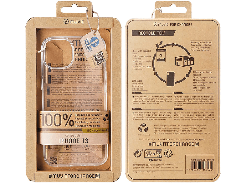 Funda - Muvit MCCRS0158, Para Apple iPhone 13, Trasera, TPU, 100% Reciclado, Transparente