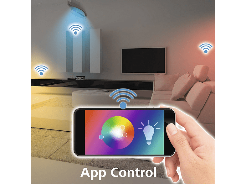 Bombilla inteligente - Hama 176581, E27, WiFi, Luz regulable, 10W, Alexa, Google Assistant, LED, A+, Blanco