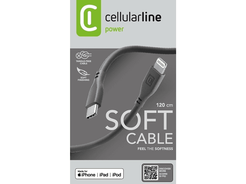 Cable USB -C - CellularLine Soft, USB - C, Para iPhone, 1'2 m, Negro