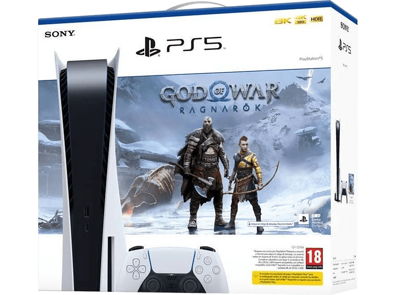 Consola - Sony PS5 Stand, 825 GB, 4K UHD Blu ray, Blanco + Juego God Of War: Ragnarok (código descarga)