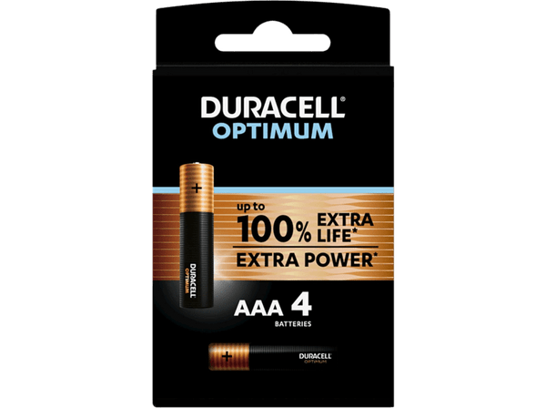 Pilas AAA - Duracell Optimum, 4 Unidades, 1.5 V LR03 / LR3 MX2400, Negro