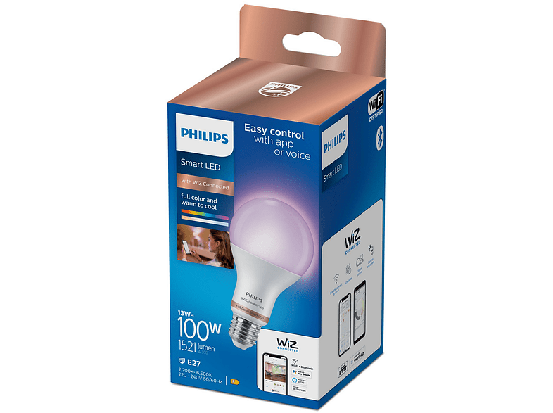 Bombilla inteligente - Philips A67 E27, Luz Colorida, WiFi, Bluetooth, Smart Led, Blanco