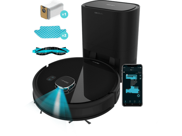 Robot friegasuelos - Cecotec Conga 7290 Eternal Home X-Treme, Láser, Incluye base autovaciado, 2 L, 110 min, 3 niveles potencia, Alexa, Wi-Fi, Negro