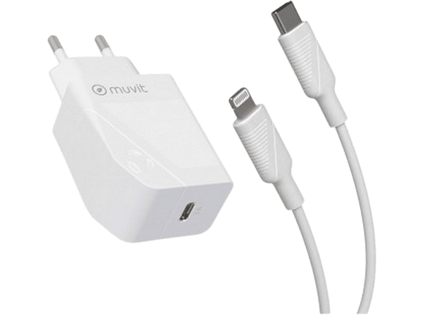 Cargador - Muvit MCPAK0043, Lightning a USB-C, 1 m, 20W, Blanco