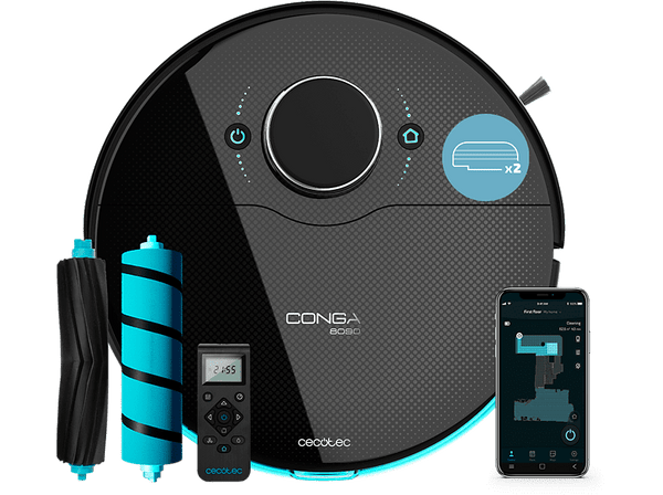 Robot friegasuelos - Cecotec Conga 8090 Ultra X, Láser,  10000 Pa, 4 en 1, 3 Niveles de potencia, 240 min, Mascotas, Mando, Wi-Fi, Negro