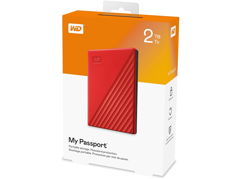 Disco duro externo 2 TB - WD My Passport WDBYVG0020BRD, Para Windows, USB 3.2, WD Discovery, Rojo