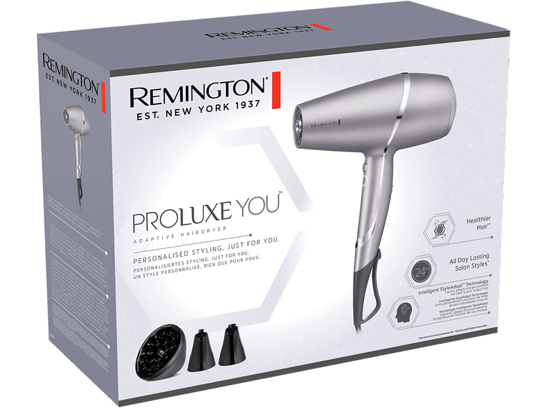 Secador - Remington PROluxe You Adaptive Hairdryer AC9800, 2400 W, 3 temperaturas, 2 velocidades, Gris