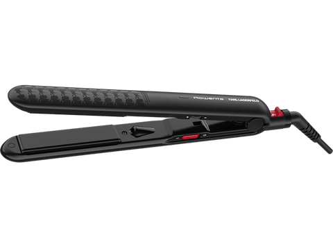 Plancha de pelo - Rowenta x Karl Lagerfeld Optiliss SF321LF0, Revestimiento Keratin & Glow, 10 temperaturas, Hasta 230 °C, Negro y rojo