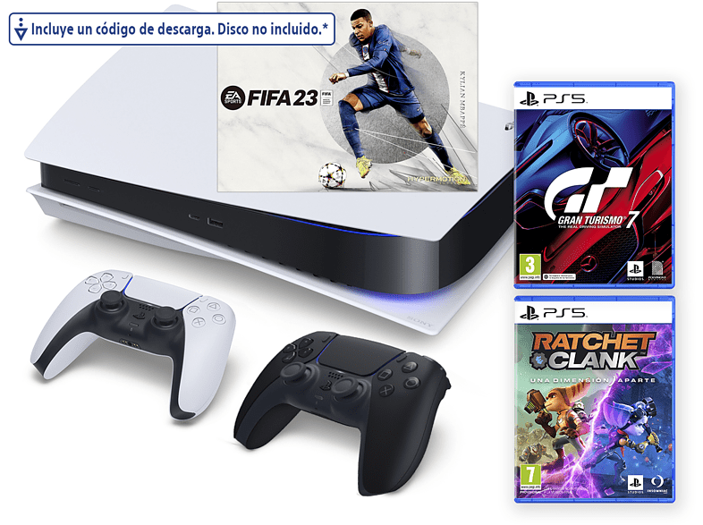 Consola - Sony PS5 Stand C, 825 GB (2 Mandos DualSense™ incluidos, Negro y Blanco) + FIFA 23 (código de descarga) + Gran Turismo 7 + Ratchet & Clank