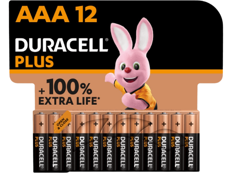 Pilas AAA - Duracell PLUS AAA LR03 / LR3, Pilas alcalinas, Pack 12 Uds, 1.5 V, MN2400, Universal, Negro