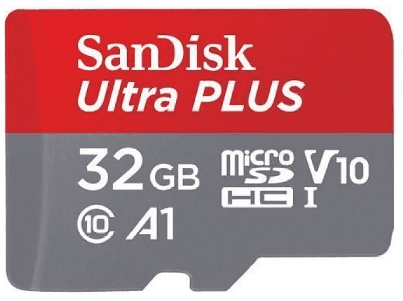 Tarjeta Micro SDHC - SanDisk Ultra Plus, 32 GB, V10, Rojo + Adaptador