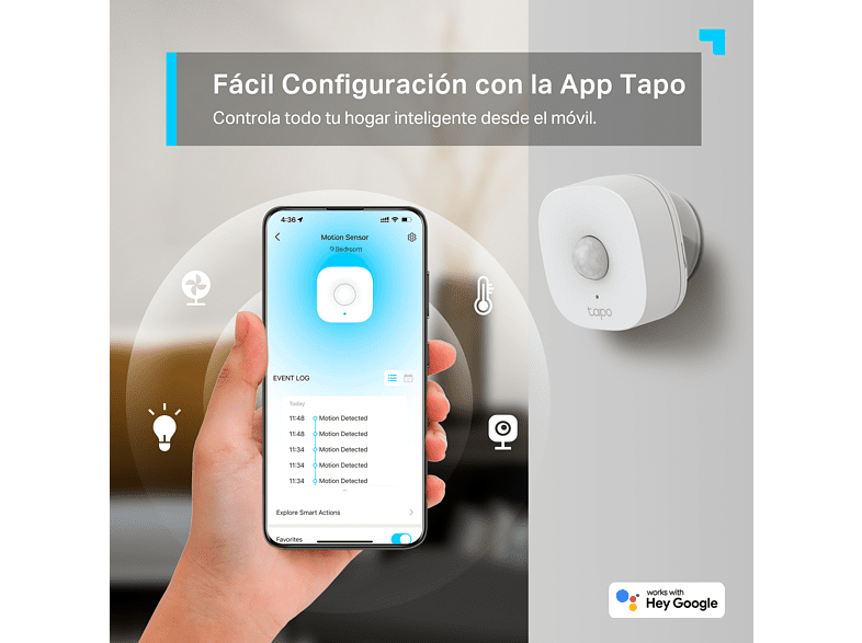 Sensor de movimiento - TP-Link Tapo T100, Wifi, 7 metros, Techo / Pared, Blanco