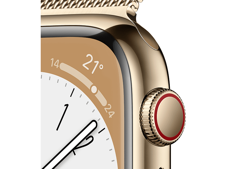 Apple Watch S8 (2022), GPS+CELL, 41 mm,  Caja de acero inoxidable, Vidrio delantero Ion-X, Correa Milanese loop oro