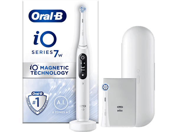 Cepillo eléctrico - Oral-B iO 7W, Con 2 Cabezales, 1 Estuche De Viaje Y 1 Funda Para Cargador, Diseñado por Braun, Blanco