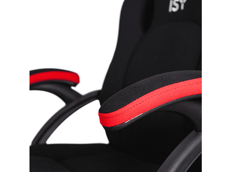 Silla gaming - ISY IGC 1002, Ajustable, Reposabrazos, Inclinable 16°, 5 Ruedas, Hasta 110 kg, Negro/Rojo