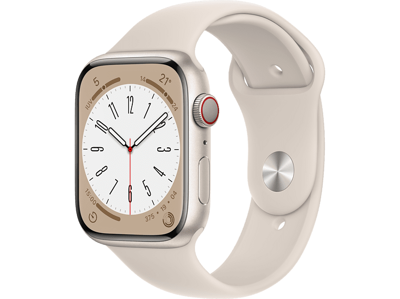 Apple Watch S8 (2022), GPS+CELL, 45 mm,  Caja de aluminio, Vidrio delantero Ion-X, Correa deportiva Star Light
