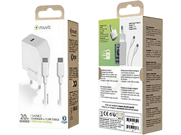 Cargador - Muvit MCPAK0044, USB-C a USB-C, Universal, 1 m, 20W, Blanco