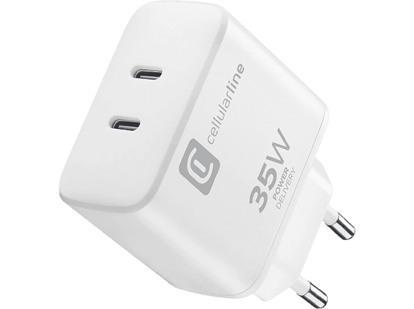 Cargador - CellularLine Dual Charger, 2 Puertos, 35 W, USB - C, Universal, Blanco