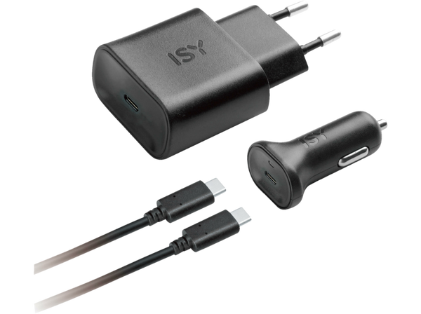 Kit cargador - Isy ITS-7000, Para coche, USB-C, Negro