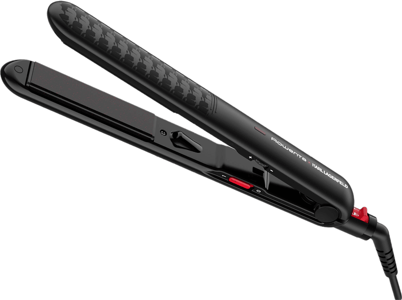 Plancha de pelo - Rowenta x Karl Lagerfeld Optiliss SF321LF0, Revestimiento Keratin & Glow, 10 temperaturas, Hasta 230 °C, Negro y rojo