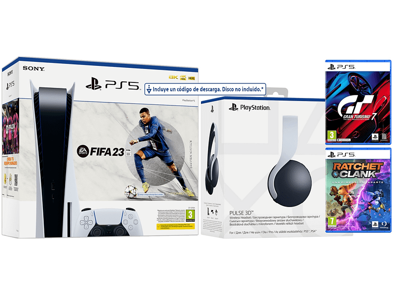 Consola - Sony PS5, 825GB, 4K HDR, Blanco + 1 DualSense™ Wireless Controller + Juegos FIFA 23, GT7 y Ratchet & Clank + Auriculares gaming Pulse 3D