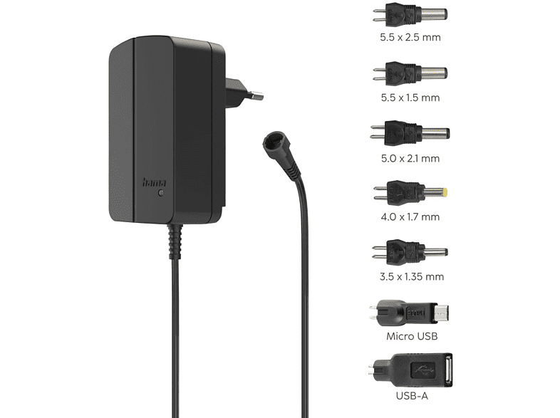 Fuente de alimentación - Hama, Universal, 7 enchufes adaptadoresr, 27 W, Negro