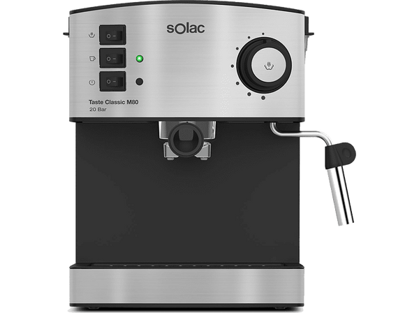 Cafetera express - SOLAC, 100% expresso, 1.6 l, 850 W, 2 cafes, cafe molido y monodosis, inox, Gris
