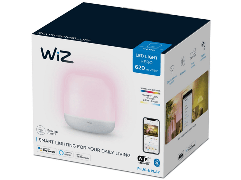 Lámpara - WiZ Hero, Lámpara de sobremesa, 9 W, Wi-Fi + Bluetooth, Cilíndrica, 600 Lumens, Blanco