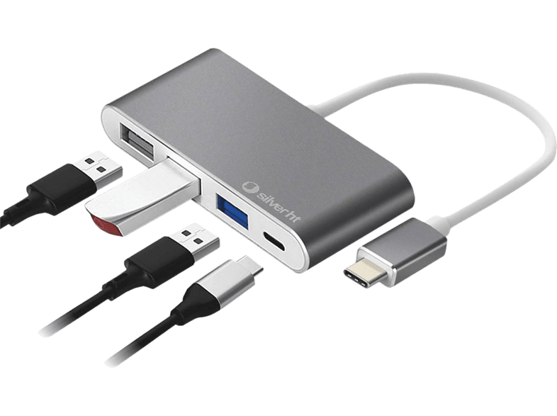 Hub USB - SilverHT Logan USB-C 4 en 1, 1x USB-C, 3x USB-A, Aluminio, ABS, Gris