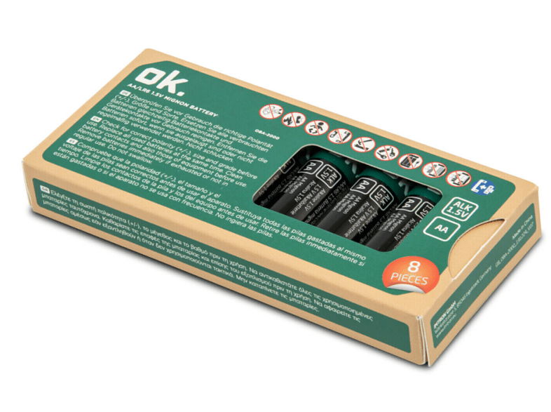 Pilas - OK OBA-2000 AA LR6, Pack 8 pilas, Alcalinas, No son recargables, 1.5 V, Negro