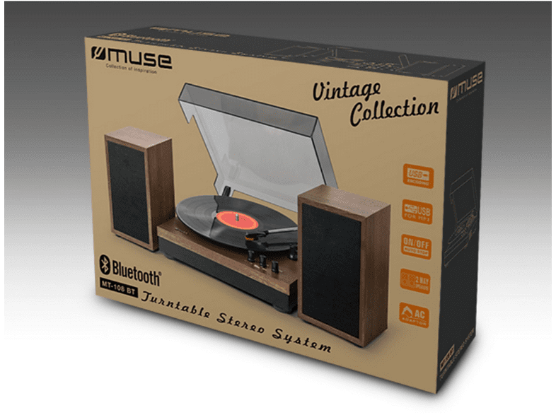 Tocadiscos - Muse MT-108 BT, Dos altavoces externos, 3 Velocidades, Adaptador de grabación de 45 RPM, Marrón